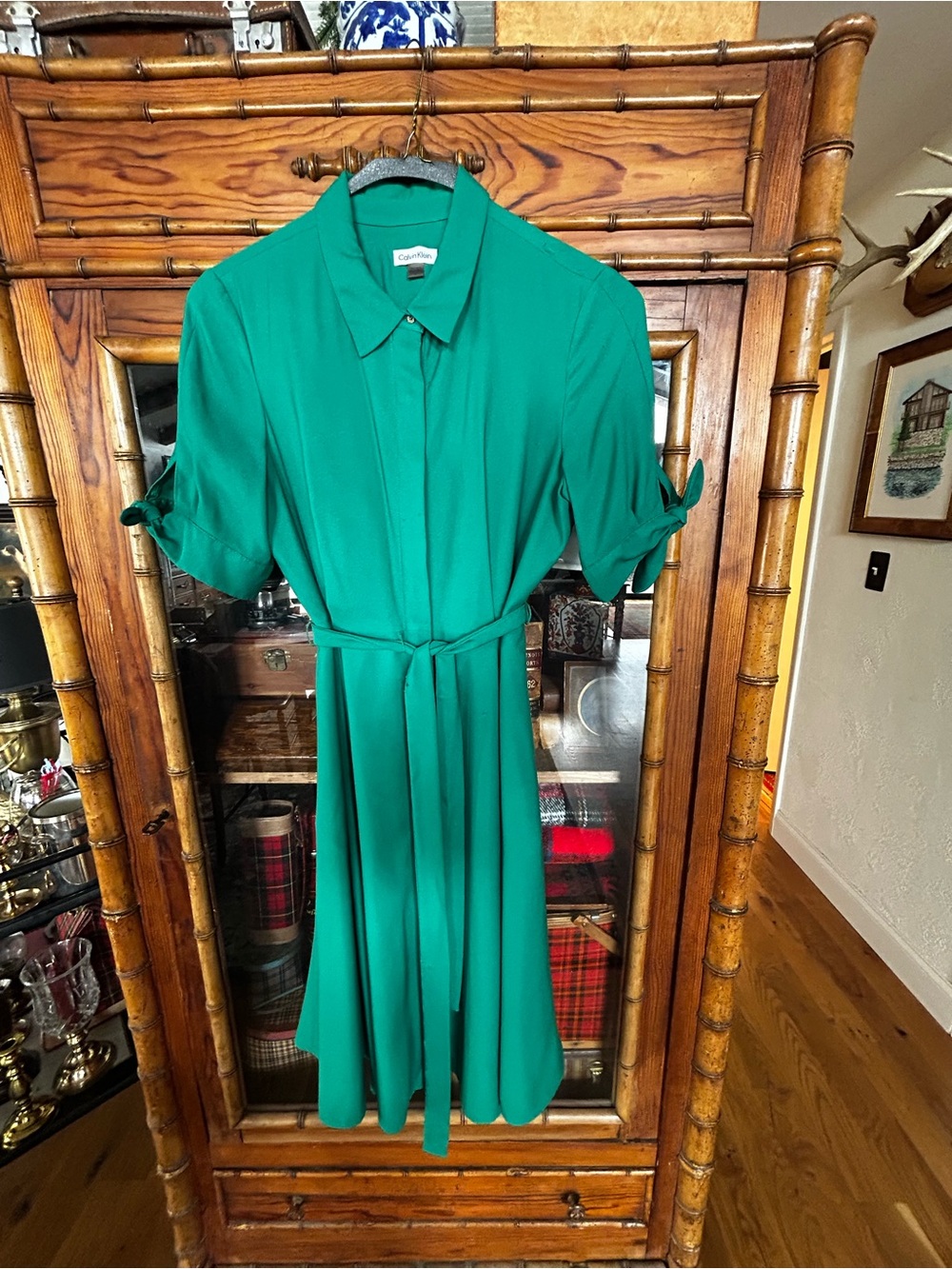 Calvin Klein Emerald Green Midi Shirt Dress with Tie Waist
